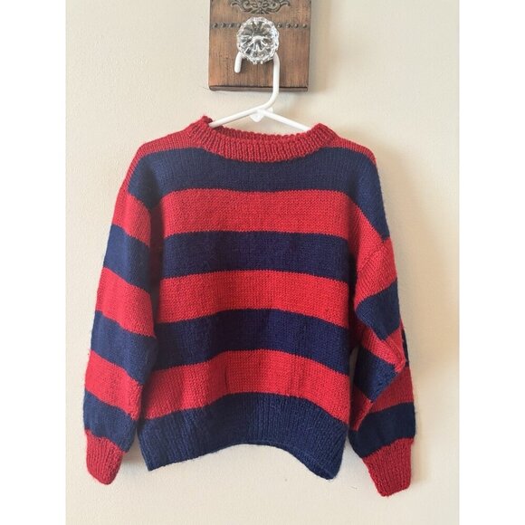 Vintage Boys Handmade Hand Knit Striped Sweater Red Blue - Picture 1 of 4